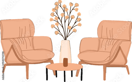 Cozy Interior Arrangement: A minimalist yet inviting interior arrangement, featuring two inviting armchairs centered around a small coffee table, adorned with a floral centerpiece.