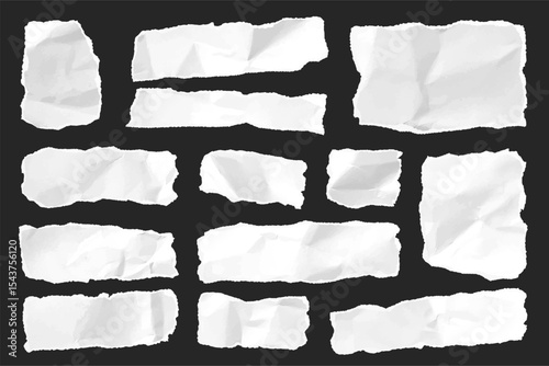 Ripped paper strips. Realistic crumpled paper scraps with torn edges. Shreds of notebook, book or old newspaper pages. Trendy collage elements. Vector illustration