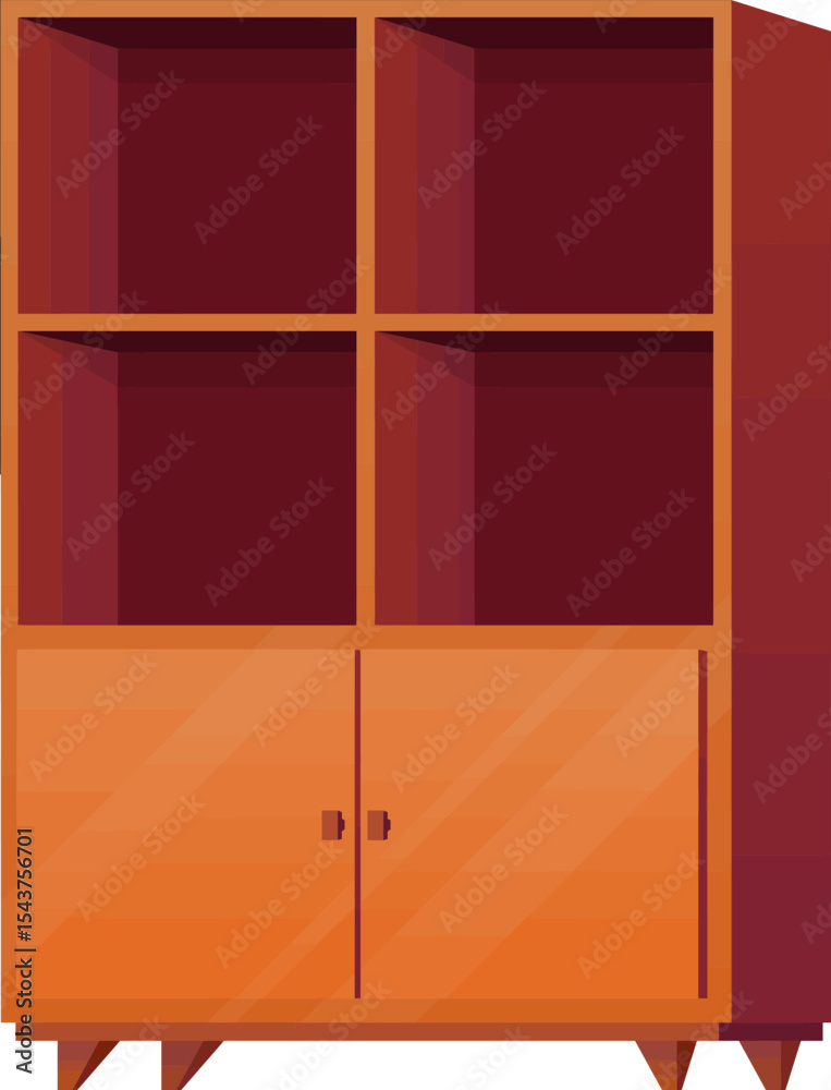Fototapeta premium Wooden Cabinet with Four Shelves and Two Doors: A sturdy wooden cabinet featuring four open shelves and two closed doors, perfect for storage and organization.