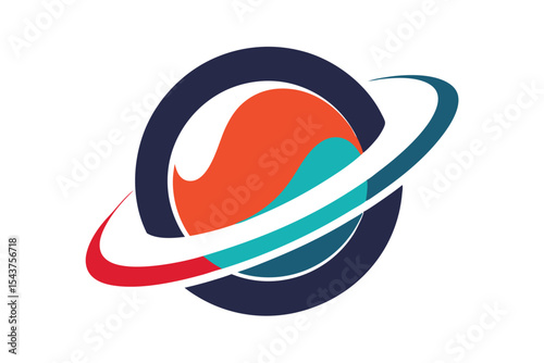 Abstract logo design of a planet with orbiting rings, featuring vibrant colors.