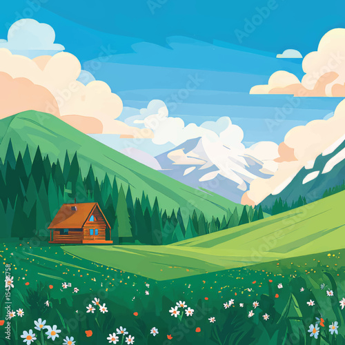 Tranquil Countryside Cabin in Lush Mountain Meadow - Summer Nature Scene