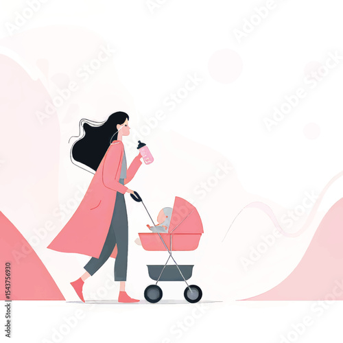 Tender Parenting in Pastel: Mother Walking with Baby in Playful Modern Art