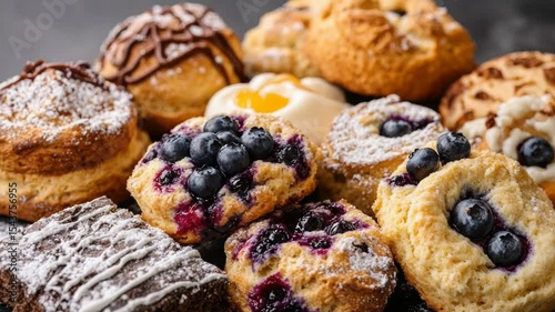 A assortment of baked goods on a wooden surface, perfect for cafe or bakery interior design