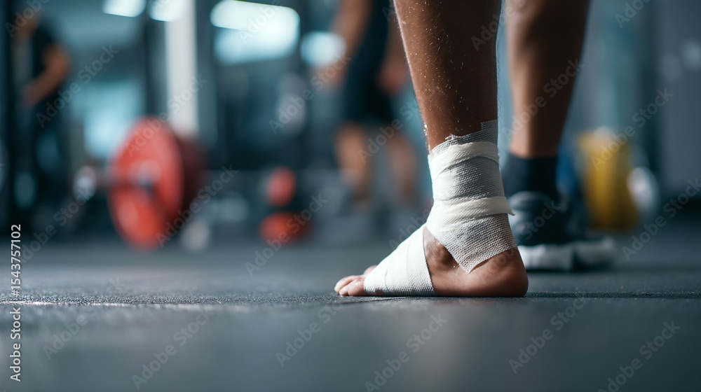 Fototapeta premium Athlete with injured ankle wrapped in medical tape during workout, sports injury treatment and recovery concept, fitness and healthcare theme.