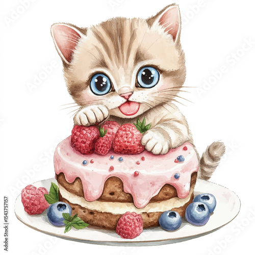 Adorable Kitten Devouring Strawberry Raspberry Cake