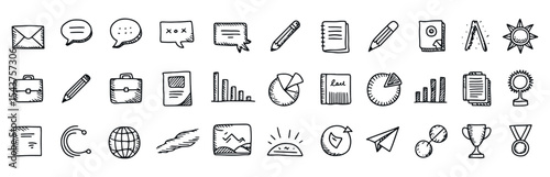 Hand-Drawn Business and Communication Icon Set – Black and White Doodle Style. high resolution vector file
