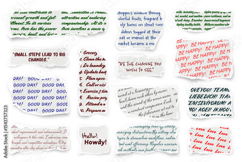 Ripped paper strips with handwritten text. Realistic crumpled paper scraps with torn edges. Shreds of notebook, book or old newspaper pages. Trendy collage elements. Vector illustration