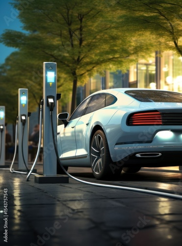 Electric Car. Modern Electric Vehicle. Electric Car Charging at Station. Eco-Friendly Vehicle Connected to Power Source. Clean Energy and Sustainable Transportation Concept with copy space.	