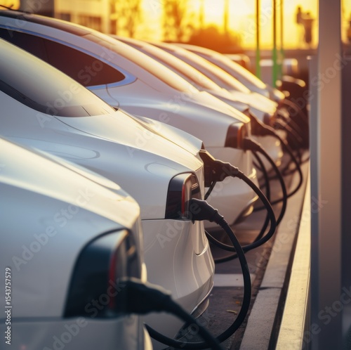Electric Car. Modern Electric Vehicle. Electric Car Charging at Station. Eco-Friendly Vehicle Connected to Power Source. Clean Energy and Sustainable Transportation Concept with copy space.	
