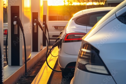 Electric Car. Modern Electric Vehicle. Electric Car Charging at Station. Eco-Friendly Vehicle Connected to Power Source. Clean Energy and Sustainable Transportation Concept with copy space.	