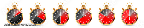 Realistic classic stopwatch. Shiny golden metal chronometer, time counter with dial. Red countdown timer showing minutes and seconds. Time measurement for sport, start, finish. Vector illustration