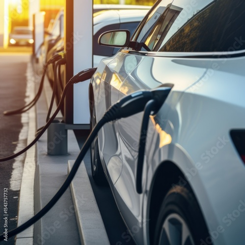 Electric Car. Modern Electric Vehicle. Electric Car Charging at Station. Eco-Friendly Vehicle Connected to Power Source. Clean Energy and Sustainable Transportation Concept with copy space.	