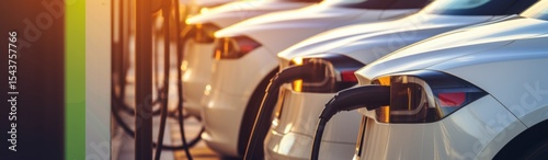 Electric Car. Modern Electric Vehicle. Electric Car Charging at Station. Eco-Friendly Vehicle Connected to Power Source. Clean Energy and Sustainable Transportation Concept with copy space.	