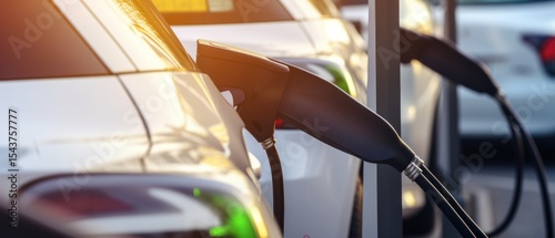 Electric Car. Modern Electric Vehicle. Electric Car Charging at Station. Eco-Friendly Vehicle Connected to Power Source. Clean Energy and Sustainable Transportation Concept with copy space.	