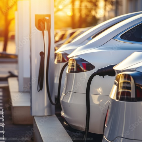 Electric Car. Modern Electric Vehicle. Electric Car Charging at Station. Eco-Friendly Vehicle Connected to Power Source. Clean Energy and Sustainable Transportation Concept with copy space.	