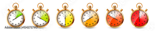 Realistic classic stopwatch. Shiny golden metal chronometer, time counter with dial. Colorful countdown timer showing minutes, seconds. Time measurement for sport, start, finish. Vector illustration