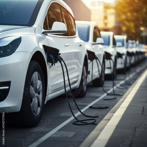 Electric Car. Modern Electric Vehicle. Electric Car Charging at Station. Eco-Friendly Vehicle Connected to Power Source. Clean Energy and Sustainable Transportation Concept with copy space.	