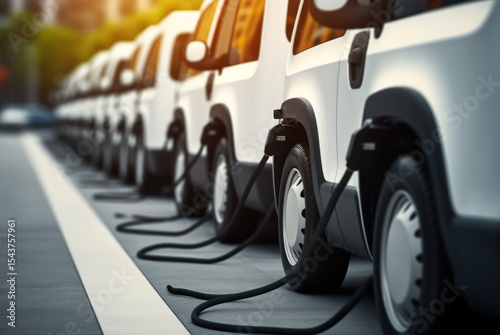 Electric Car. Modern Electric Vehicle. Electric Car Charging at Station. Eco-Friendly Vehicle Connected to Power Source. Clean Energy and Sustainable Transportation Concept with copy space.	