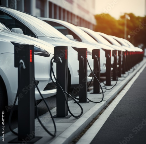 Electric Car. Modern Electric Vehicle. Electric Car Charging at Station. Eco-Friendly Vehicle Connected to Power Source. Clean Energy and Sustainable Transportation Concept with copy space.	