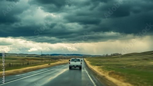 A white pickup truck drives down a country road under a stormy sky