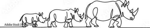 Continuous line drawing of three rhinoceroses walking in profile, minimalist black and white animal art


