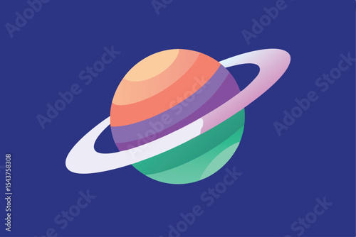 A stylized pastel planet with rings orbiting in space.