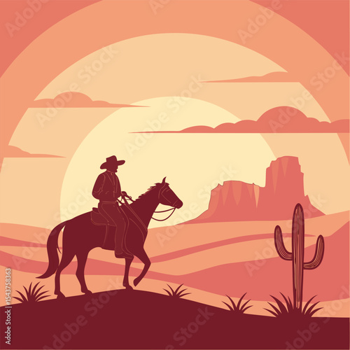 Silhouette of a cowboy riding a horse in the desert landscape with cactus and mountains in the background