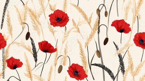 Seamless Poppy Flower Pattern Featuring Elegant Red Blooms Amidst Golden Grasses Against A Soft Cream Background Creating An Artful Floral Design