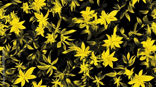 Seamless Pattern of Yellow Leaves on Dark Background, Vibrant Botanical Theme, Nature-Inspired Design with Modern Artistic Flair