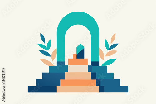 Geometric illustration of a staircase leading to an archway with stylized foliage.
