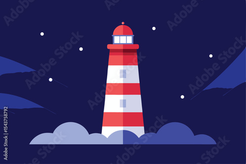 A stylized illustration of a lighthouse shining brightly under a starry night sky.