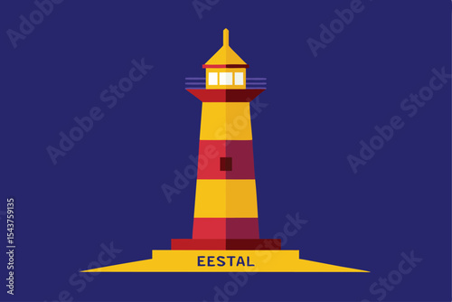 A stylized illustration of a lighthouse with red and yellow stripes, shining brightly.