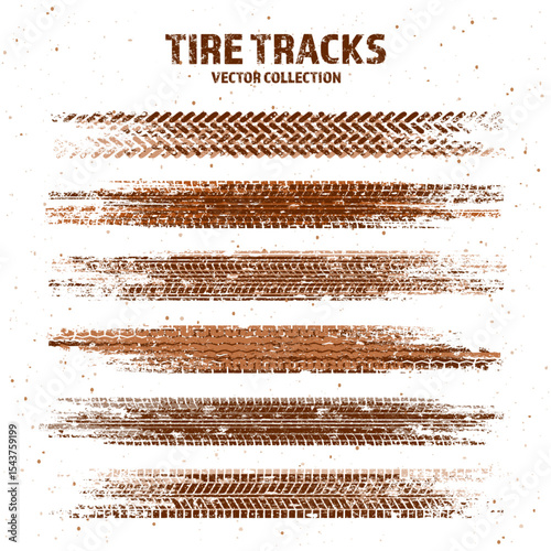 Grunge tire tracks with mud splatters, dirty wheel braking marks. Truck, car, or motorcycle tread pattern silhouettes. Perfect for off-road, motorsport, and racing designs. Vector illustration