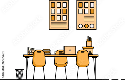 Office Interior: A meticulously crafted illustration of a functional office interior, displaying organization, creativity, and a professional environment.