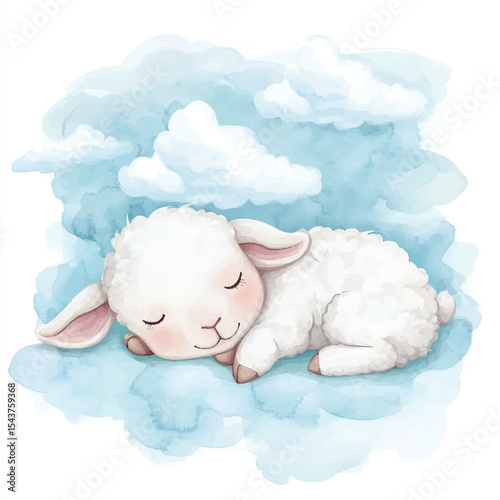Adorable Lamb Napping on a Watercolor Cloud with Gentle Peaceful Expression