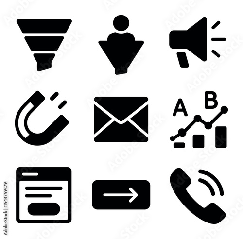 Sales Funnel Icons. Solid, filled icons set of sales funnel optimization: funnel chart, customer conversion