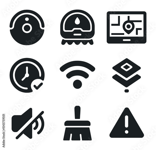 Smart Home Cleaning Icons. Solid, filled icons set of smart home cleaning: robot vacuum, mop robot, floor