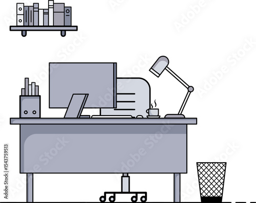 Workspace Still Life: An organized workspace presents a modern desktop setup, complete with a computer screen, ergonomic chair, and desk lamp.