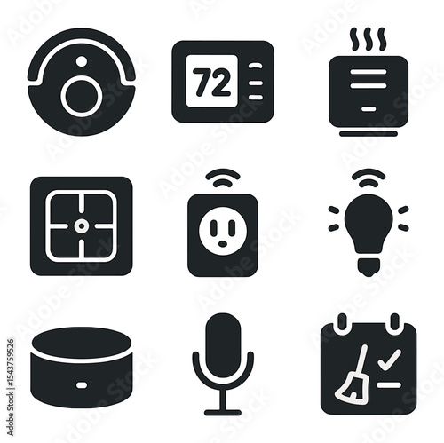 Smart Home Icons. Solid, filled icons set of household automation: robot vacuum, smart thermostat, air