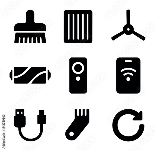 Cleaning Tech Icons. Solid, filled icons set of cleaning tech accessories: vacuum brush, HEPA filter, side