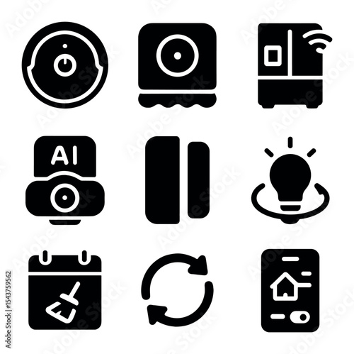 Home Robotics Icon Set. Solid, filled icons set of robotic devices at home: robot vacuum, robot mop, smart