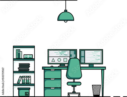 Modern Workplace Interior Design: An inviting illustration showcases a contemporary workspace interior. A desk with dual monitors, a comfortable chair, and a shelf create a stylish work environment.