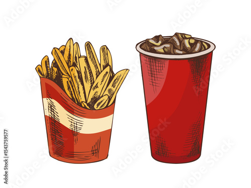 Hand drawn vintage sketch of french fries and cold soft drink in red paper cup, vector fast food illustration