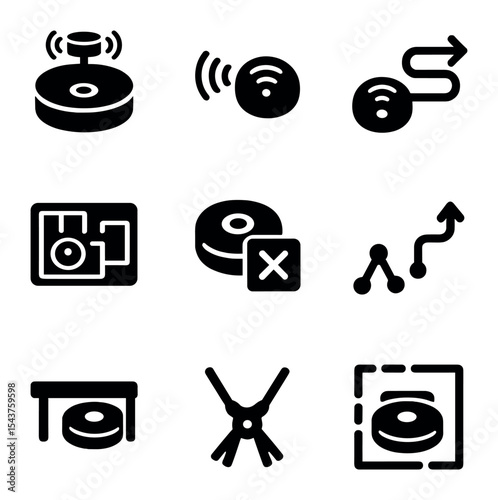 Robotic Vacuum Icon Set. Solid, filled icons set of robotic vacuum navigation: lidar scanner, infrared sensor,