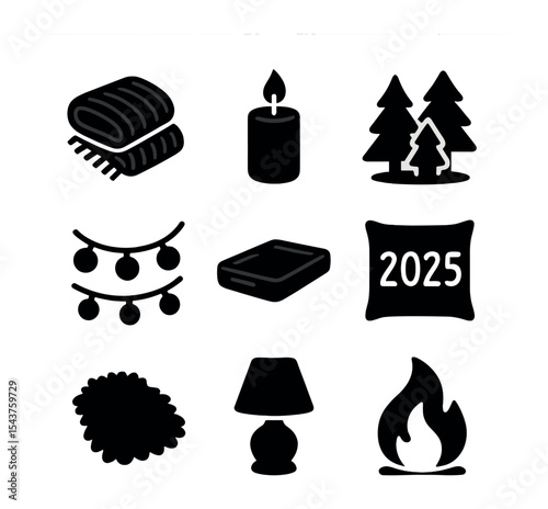 Cozy New Year Icons. Solid, filled icons set of cozy New Year home decor: knitted throw, flickering candle,