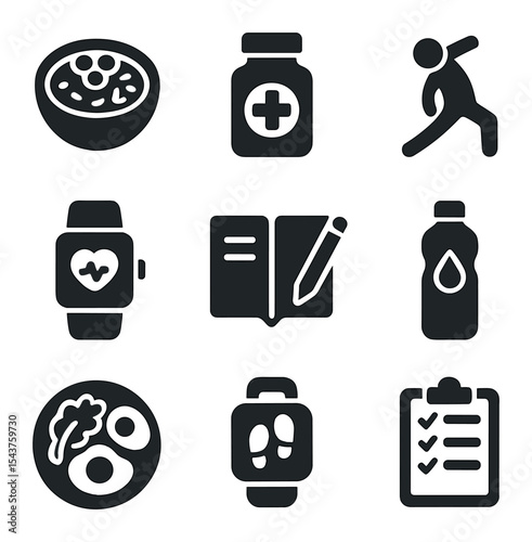 Healthy Lifestyle Icons. Solid, filled icons set of healthy restart themes: smoothie bowl, vitamin pack,