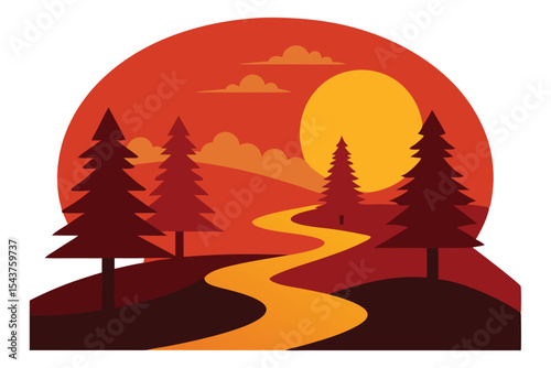 A stylized landscape illustration featuring a winding path leading towards a setting sun, framed by trees and hills.
