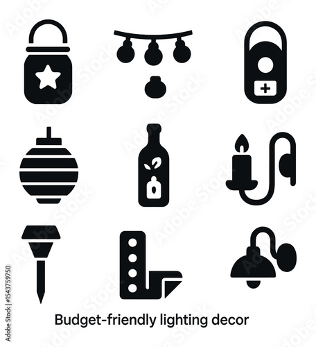 Budget Lighting Icons. Solid, filled icons set of budget-friendly lighting decor: DIY lantern, string lights,