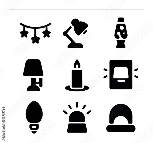 Room Lighting Icons. Solid, filled icons set of cozy room lighting ideas: fairy lights, reading lamp, lava