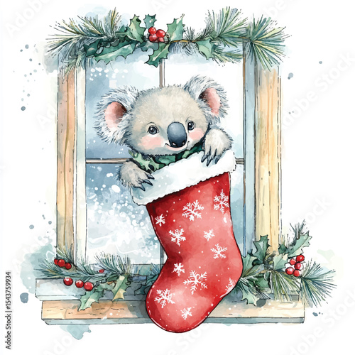 Adorable Koala Peeking From Christmas Stocking Decorated With Holly and Snowflakes